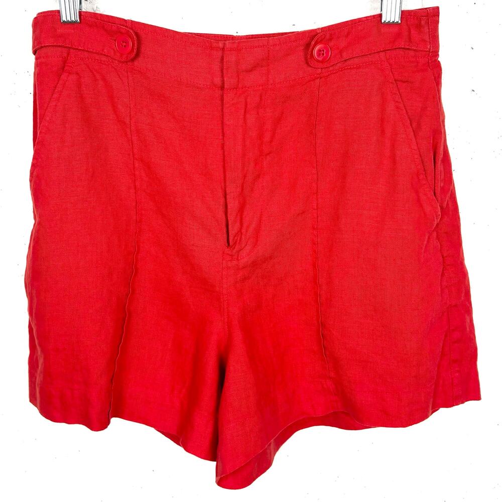 Madewell Button Tab Shorts 100% Linen High Rise Pintucked Button Tabs Red 6 - Picture 2 of 12